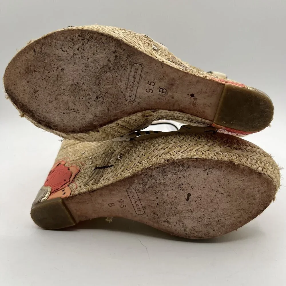 Coach Justeen 9.5 Butterfly Floral Design Woven Espadrille Wedge Leather Sandals
